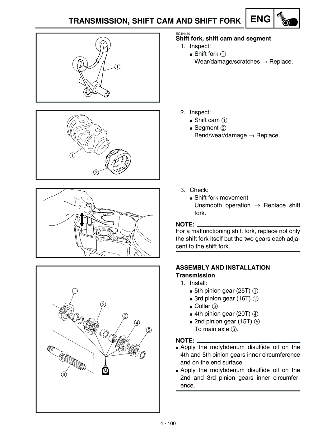 Yamaha WR45OFR service manual Shift fork, shift cam and segment, Assembly and Installation Transmission 