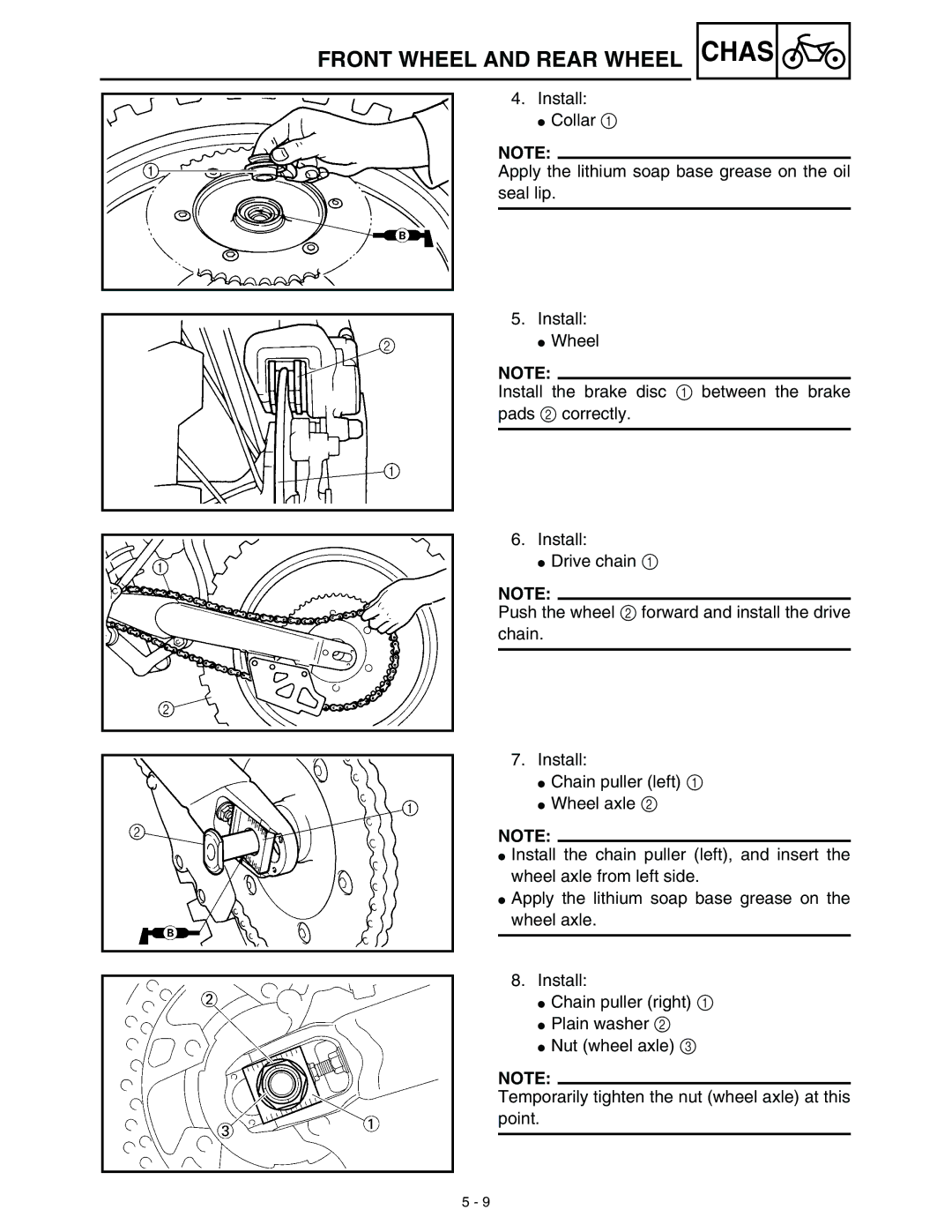 Yamaha WR45OFR service manual Front Wheel and Rear Wheel Chas 