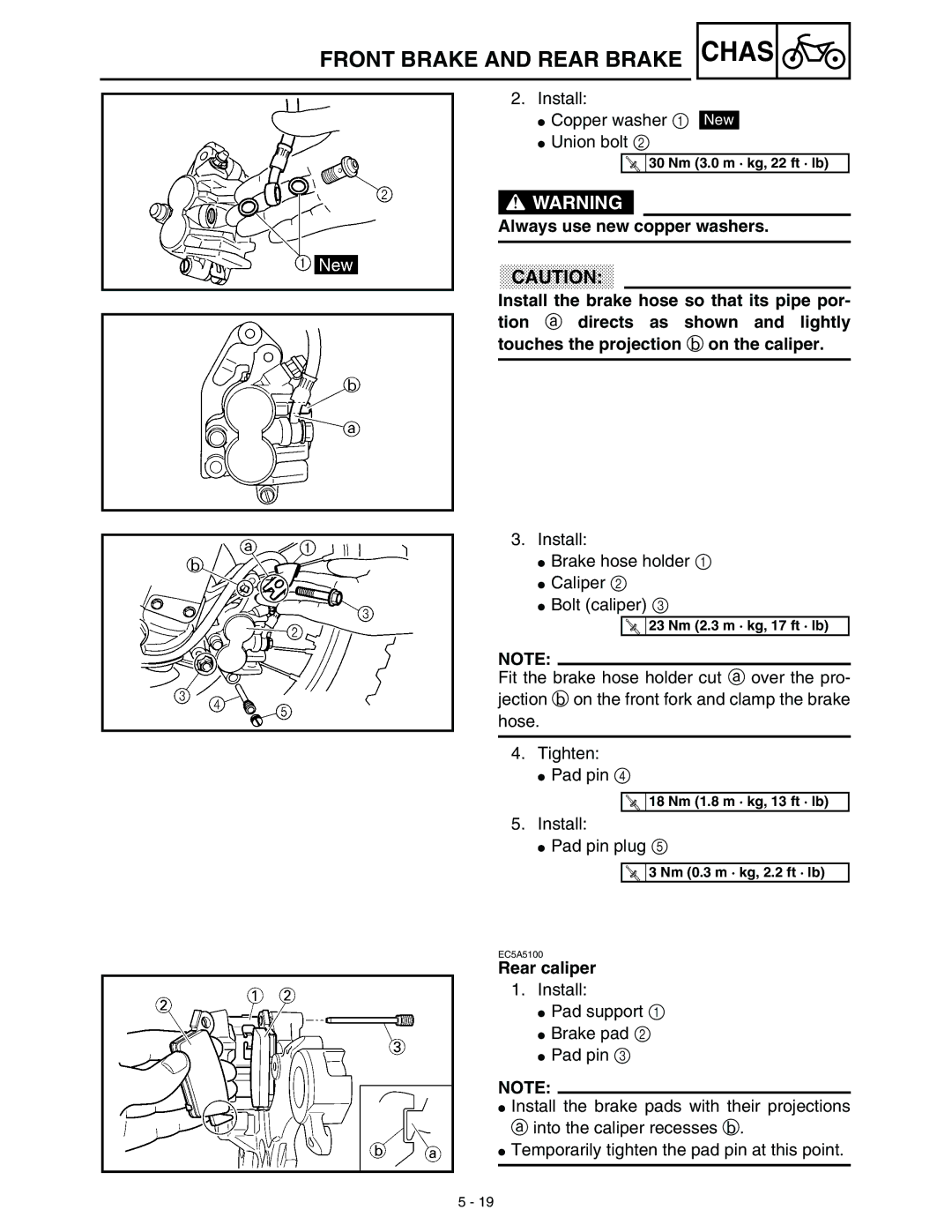 Yamaha WR45OFR service manual Always use new copper washers, Rear caliper 