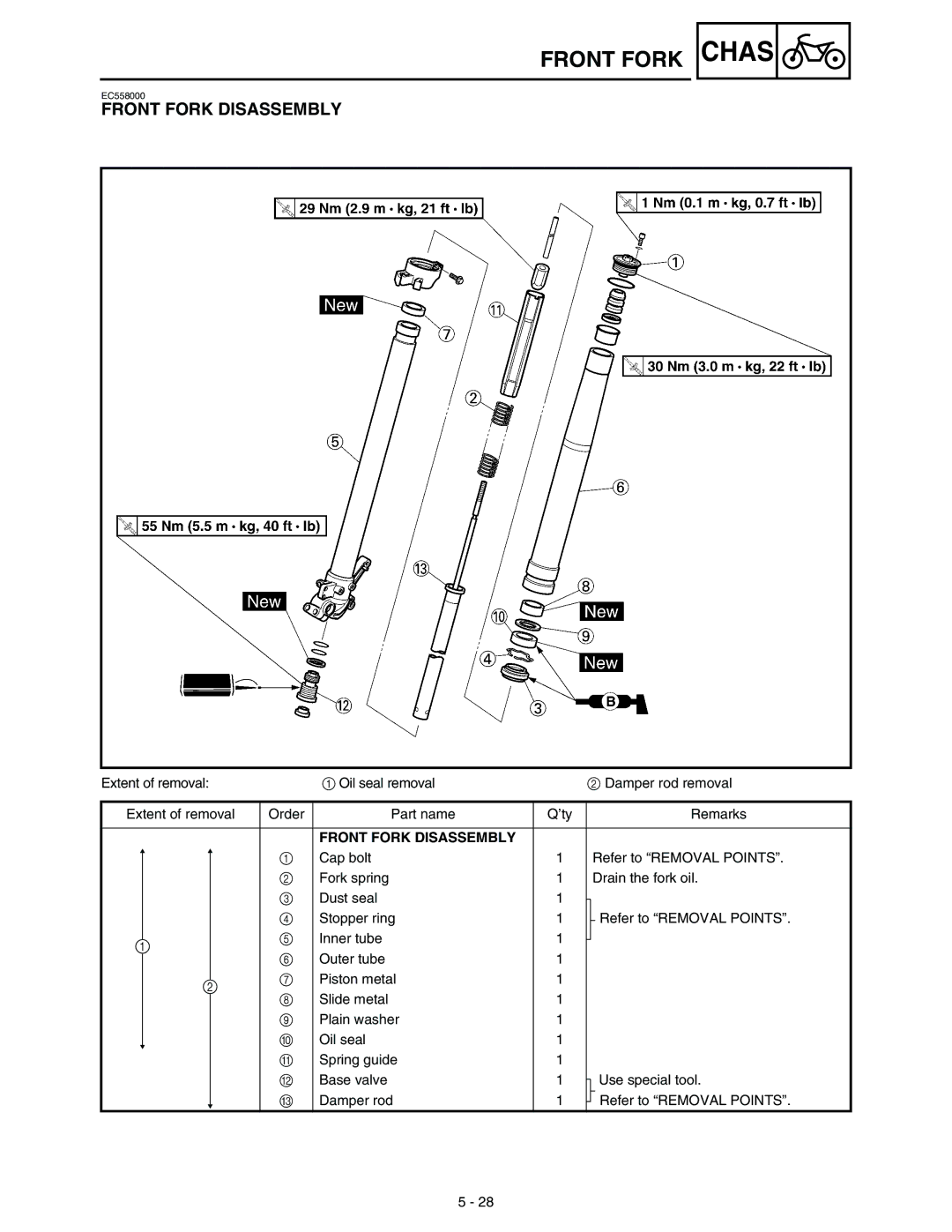 Yamaha WR45OFR service manual Front Fork Disassembly 