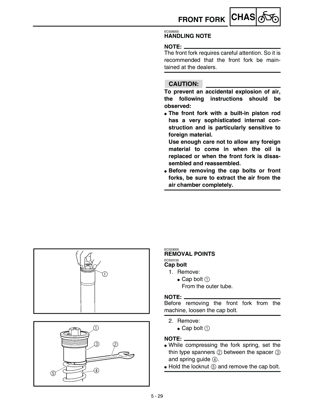 Yamaha WR45OFR service manual Handling Note, Cap bolt 