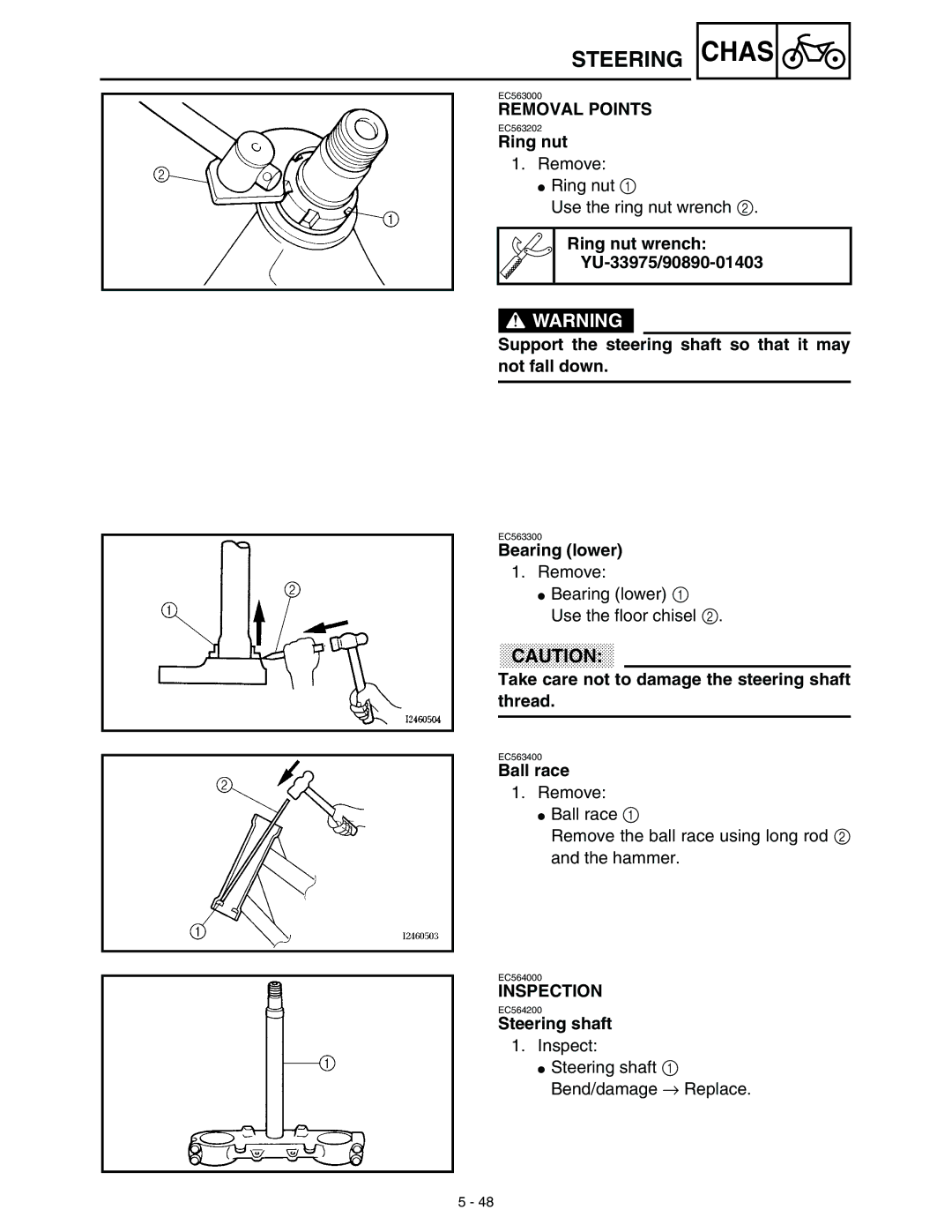 Yamaha WR45OFR Ring nut, Bearing lower, Take care not to damage the steering shaft thread, Ball race, Steering shaft 