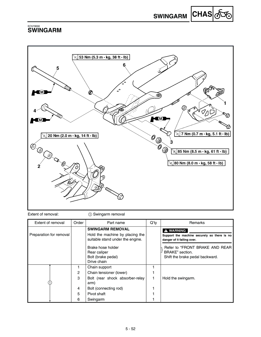 Yamaha WR45OFR service manual Swingarm Chas, Swingarm Removal 