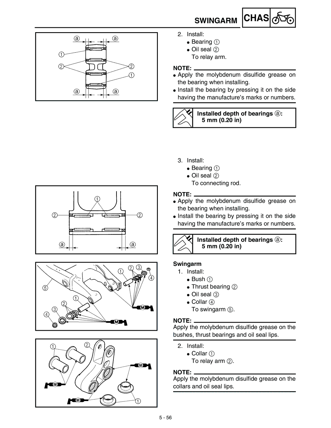 Yamaha WR45OFR service manual Installed depth of bearings a 5 mm 0.20 Swingarm 