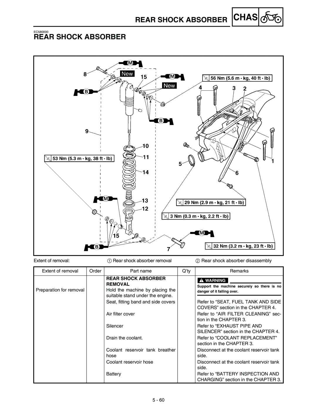 Yamaha WR45OFR service manual Rear Shock Absorber Chas, Rear Shock Absorber Removal 