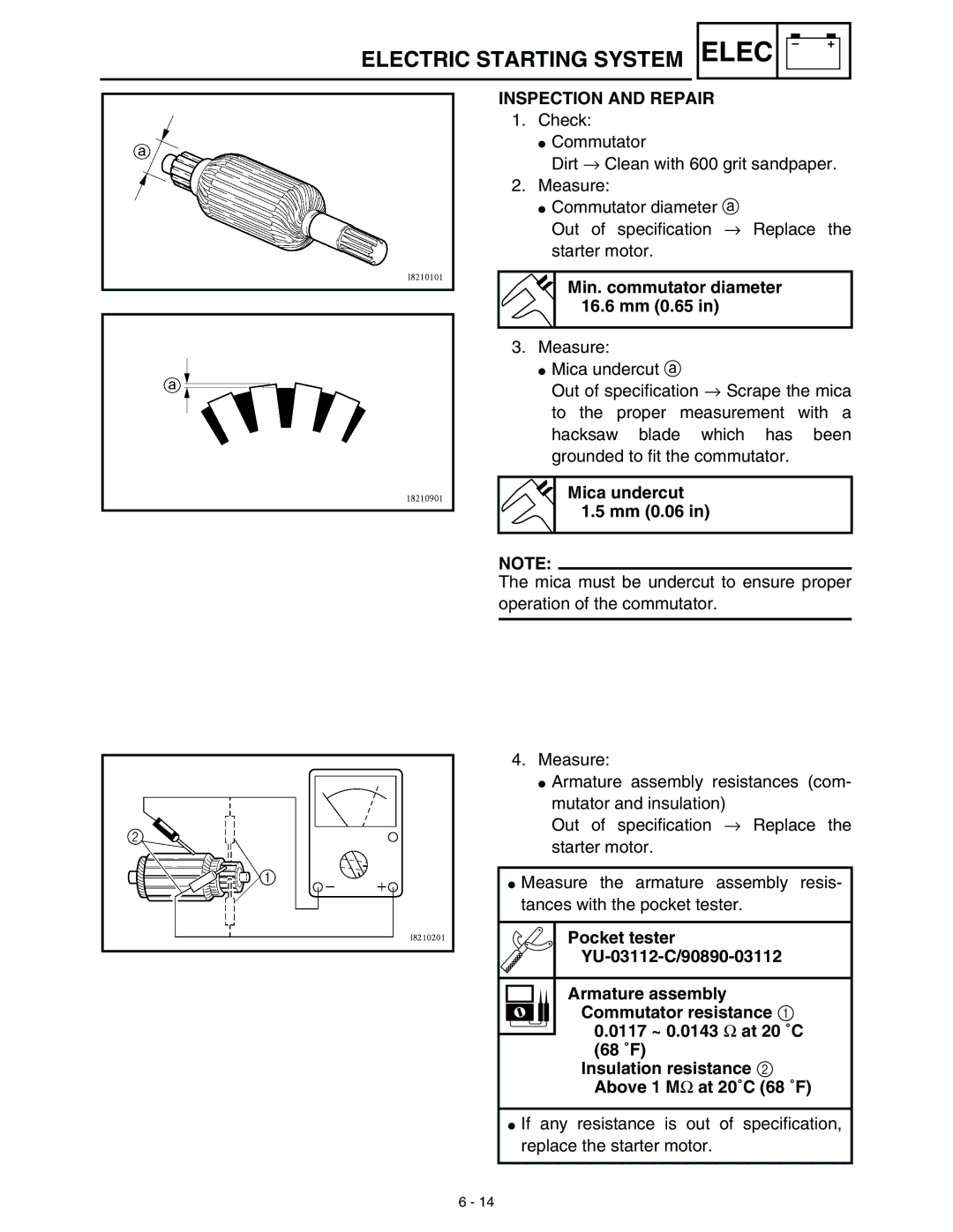 Yamaha WR45OFR service manual Inspection and Repair, Min. commutator diameter 16.6 mm 0.65, Mica undercut 1.5 mm 0.06 