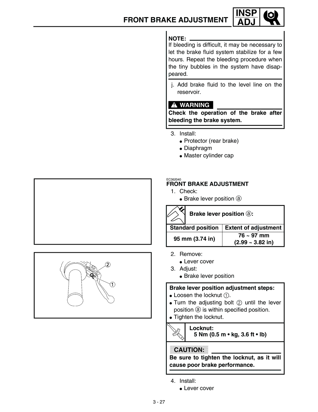 Yamaha WR45OFR service manual Front Brake Adjustment, Brake lever position adjustment steps, Locknut Nm 0.5 m kg, 3.6 ft lb 