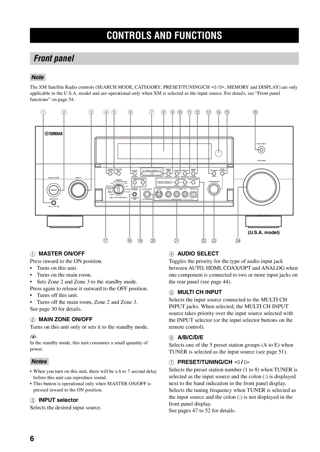 Yamaha X-V2600 owner manual Controls and Functions, Front panel 