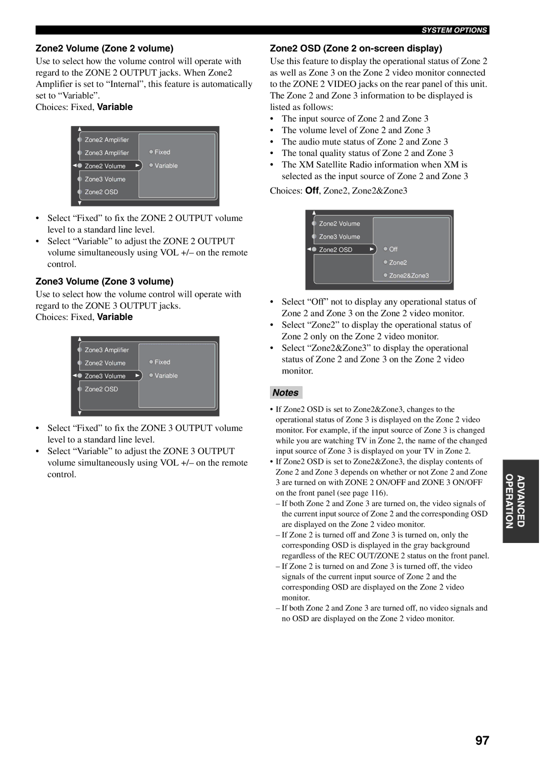 Yamaha X-V2600 owner manual Zone2 Volume Zone 2 volume, Zone3 Volume Zone 3 volume, Zone2 OSD Zone 2 on-screen display 