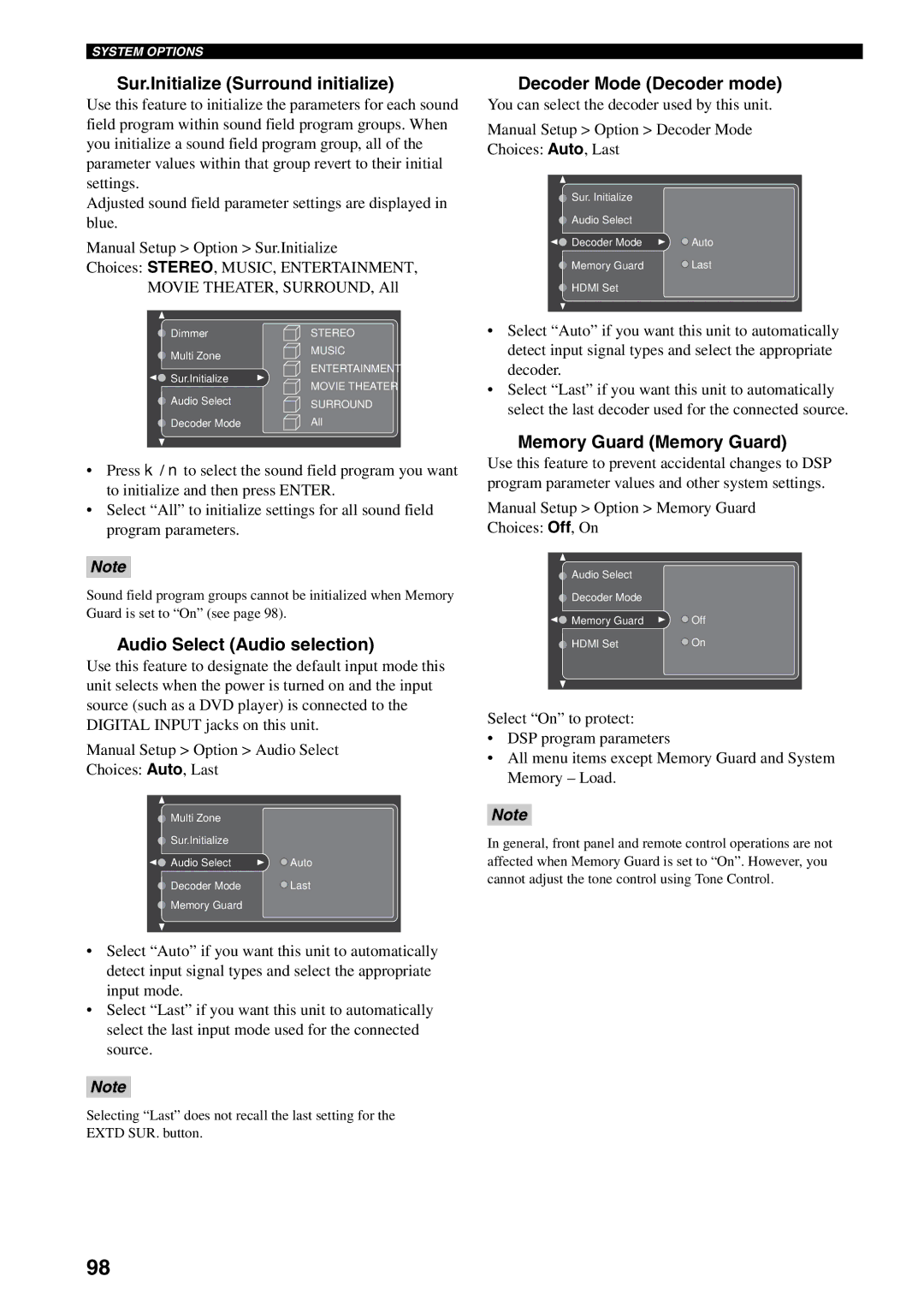 Yamaha X-V2600 owner manual Sur.Initialize Surround initialize, Memory Guard Memory Guard 