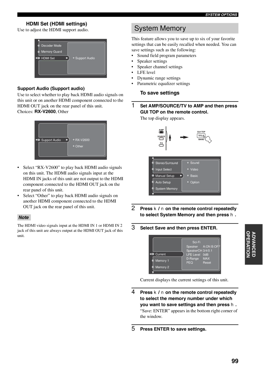 Yamaha X-V2600 owner manual System Memory, Hdmi Set Hdmi settings, To save settings, Support Audio Support audio 