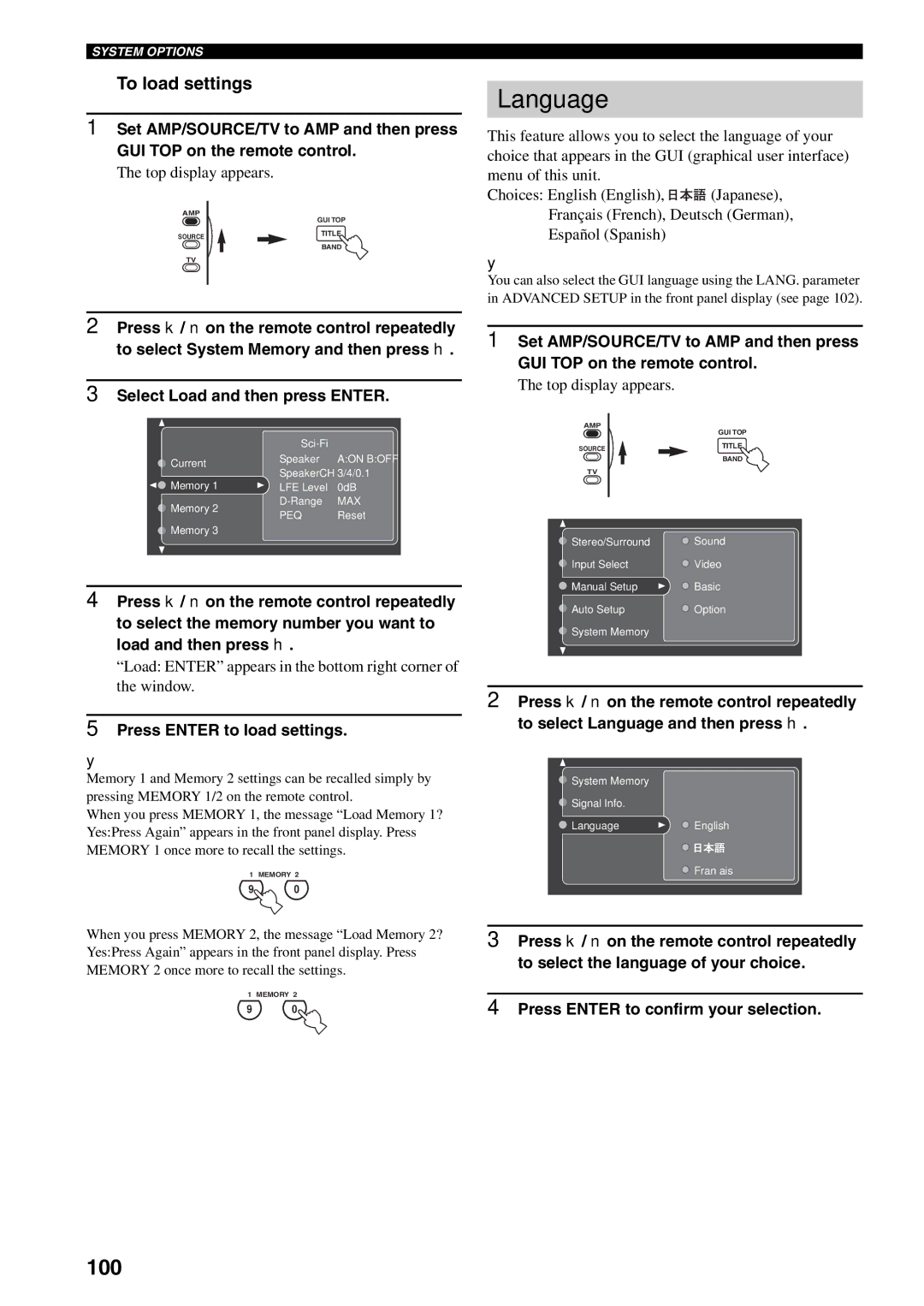 Yamaha X-V2600 owner manual Language, 100, To load settings, Load Enter appears in the bottom right corner of the window 