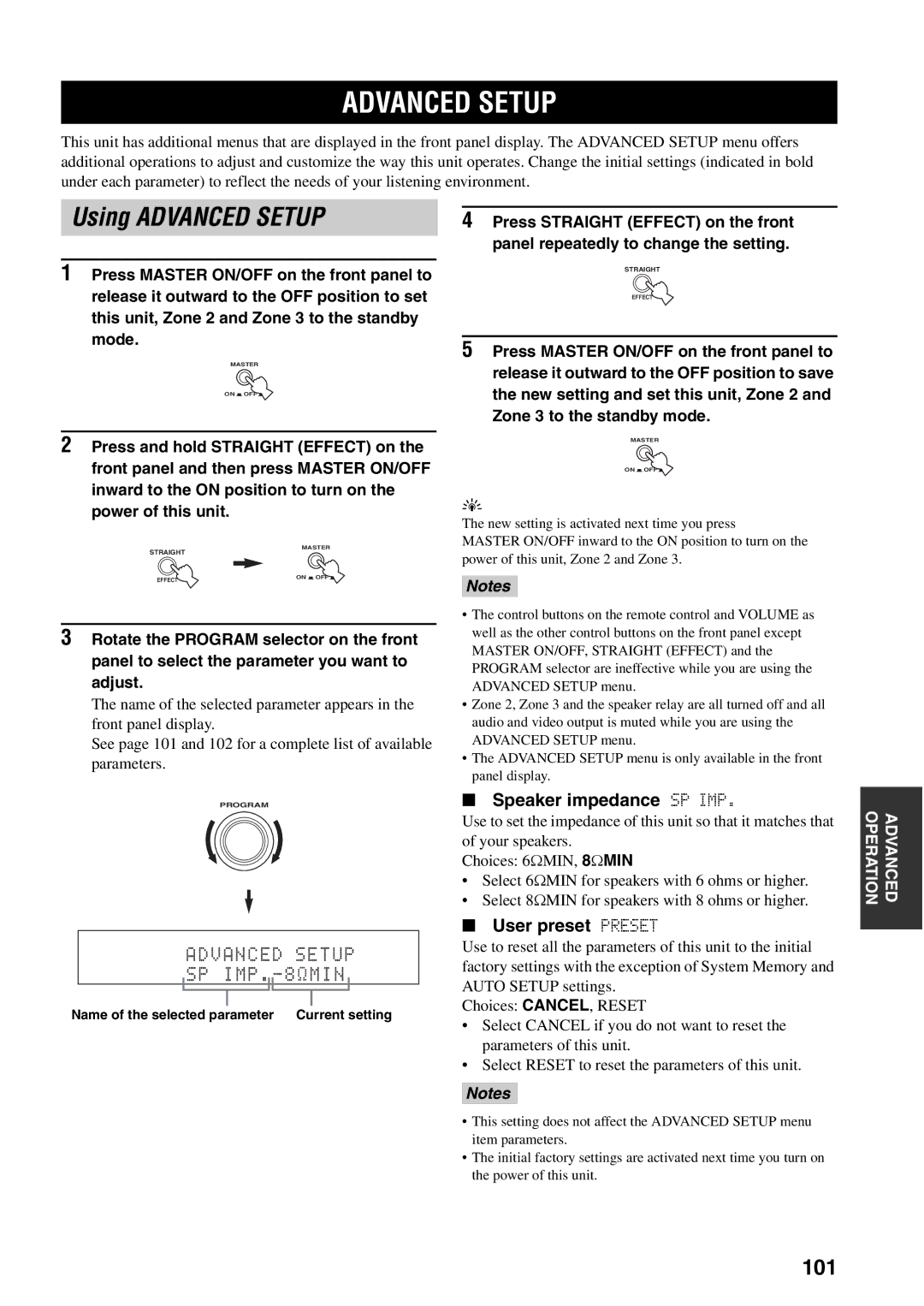 Yamaha X-V2600 owner manual Using Advanced Setup, 101, Speaker impedance SP IMP, User preset Preset 