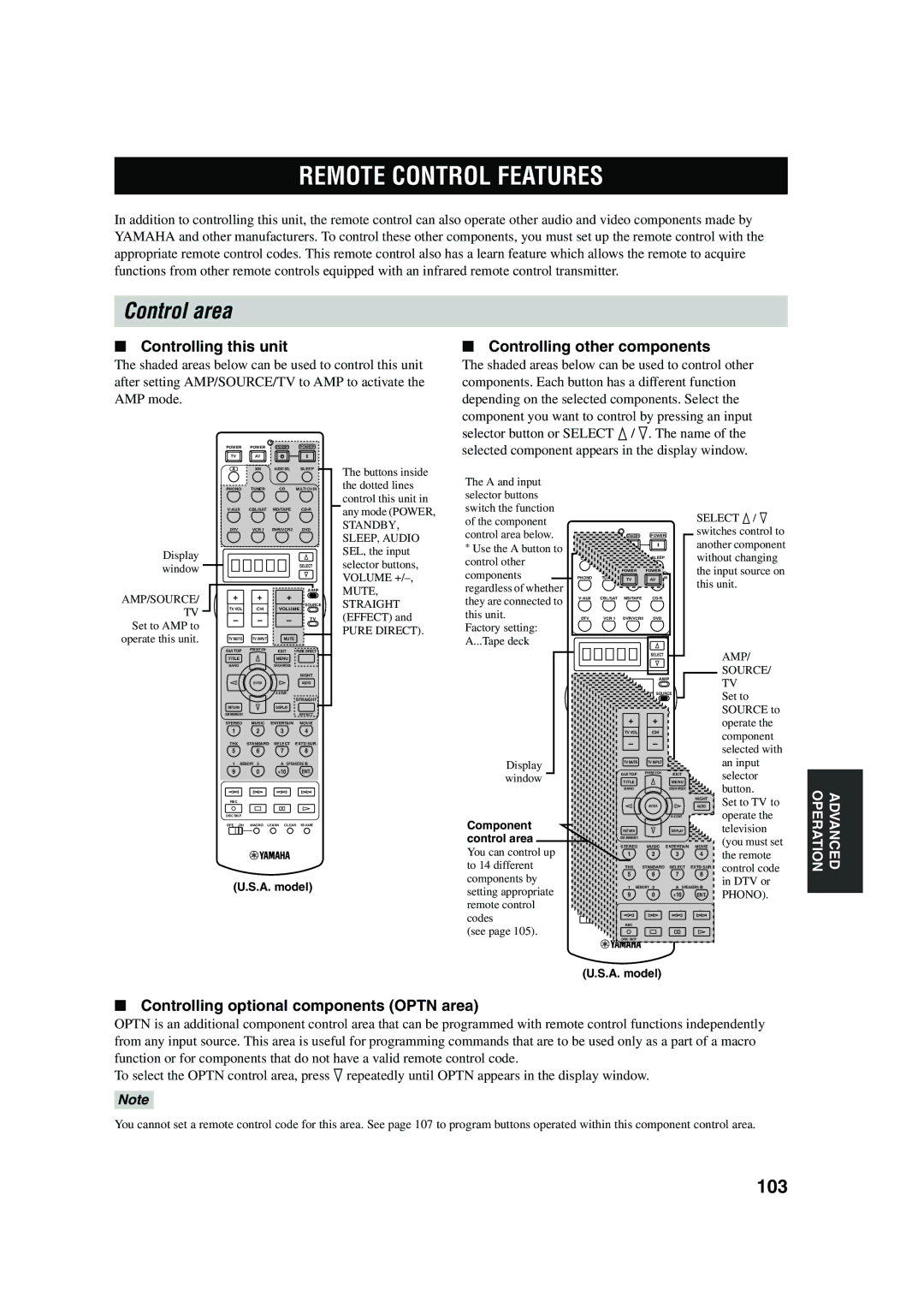 Yamaha X-V2600 owner manual Remote Control Features, Control area, 103 