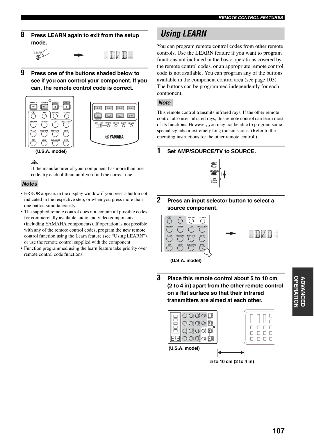 Yamaha X-V2600 owner manual Using Learn, 107, Press Learn again to exit from the setup mode 