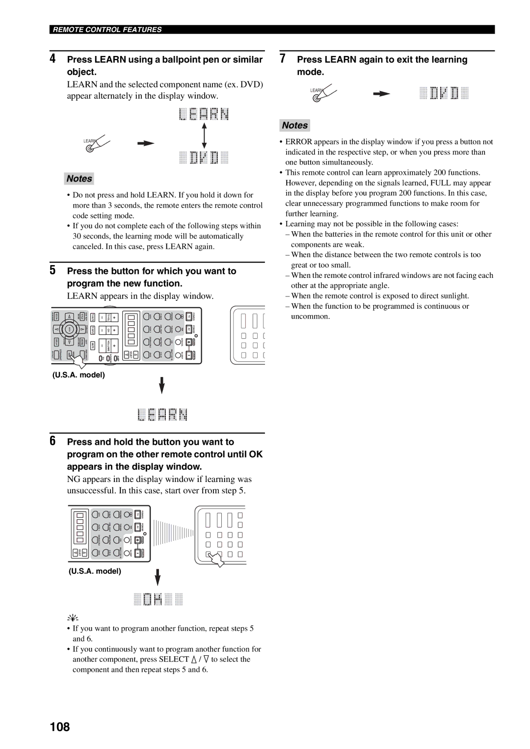 Yamaha X-V2600 owner manual 108, Press Learn using a ballpoint pen or similar object, Learn appears in the display window 