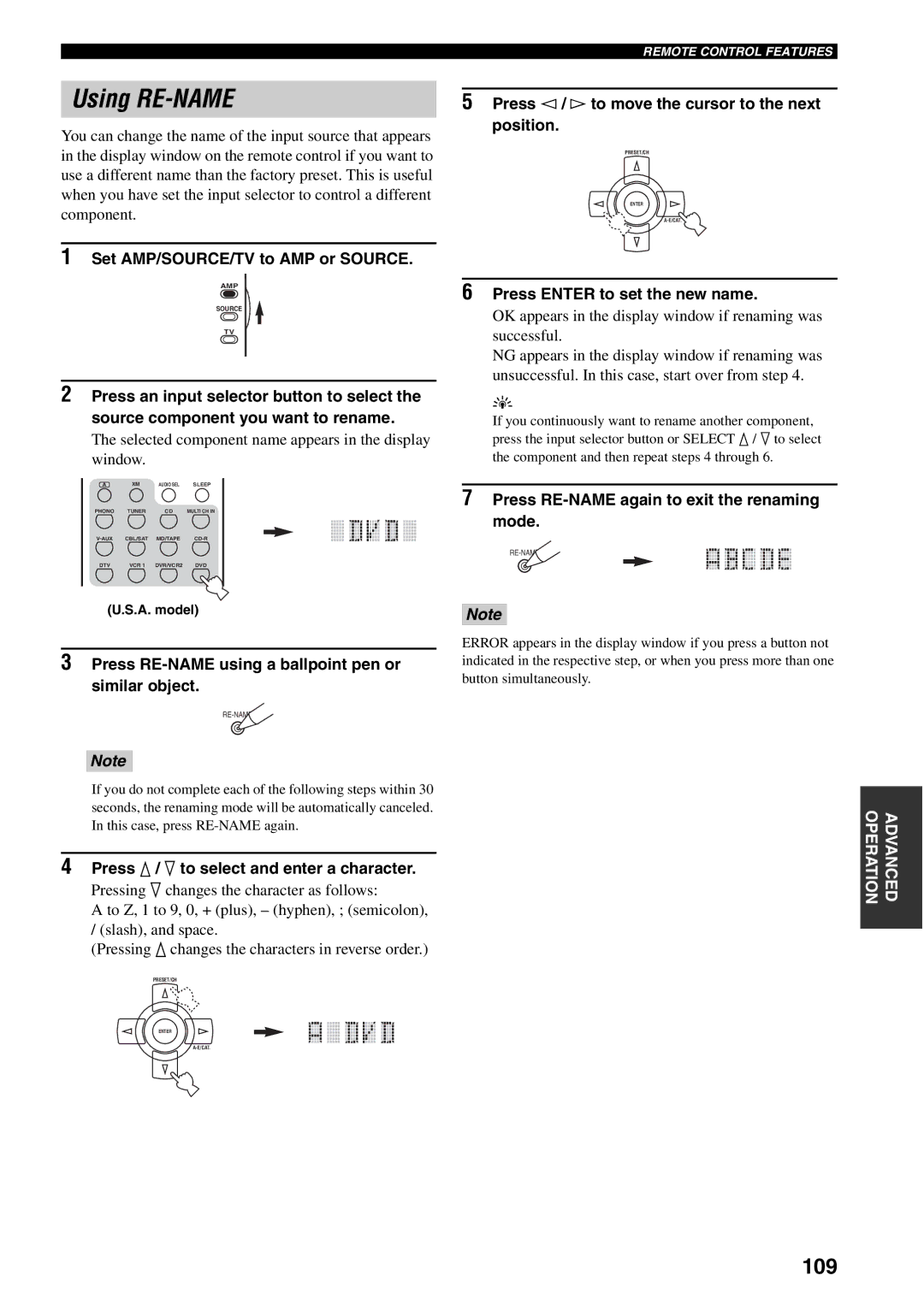 Yamaha X-V2600 owner manual Using RE-NAME, 109 