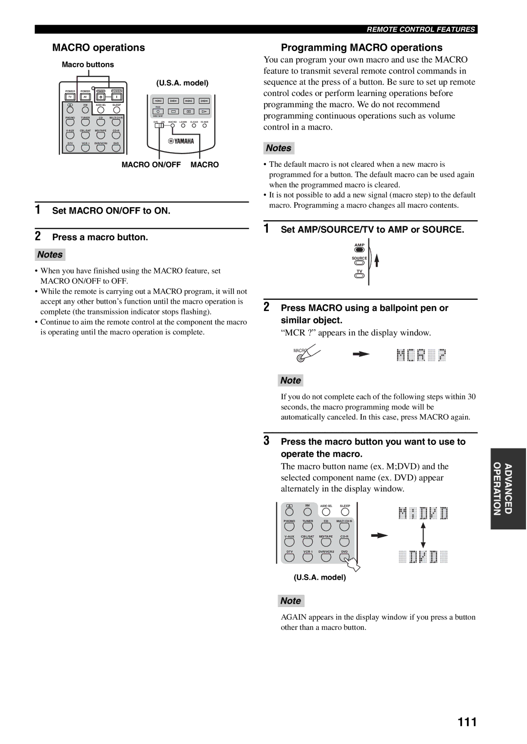 Yamaha X-V2600 owner manual 111, Programming Macro operations 