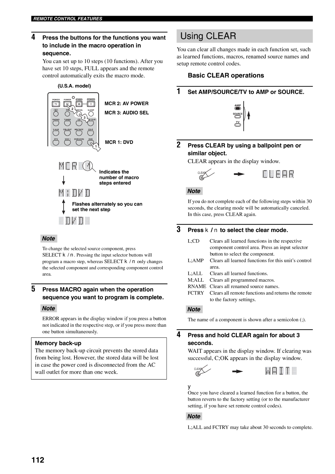 Yamaha X-V2600 owner manual Using Clear, 112, Basic Clear operations 