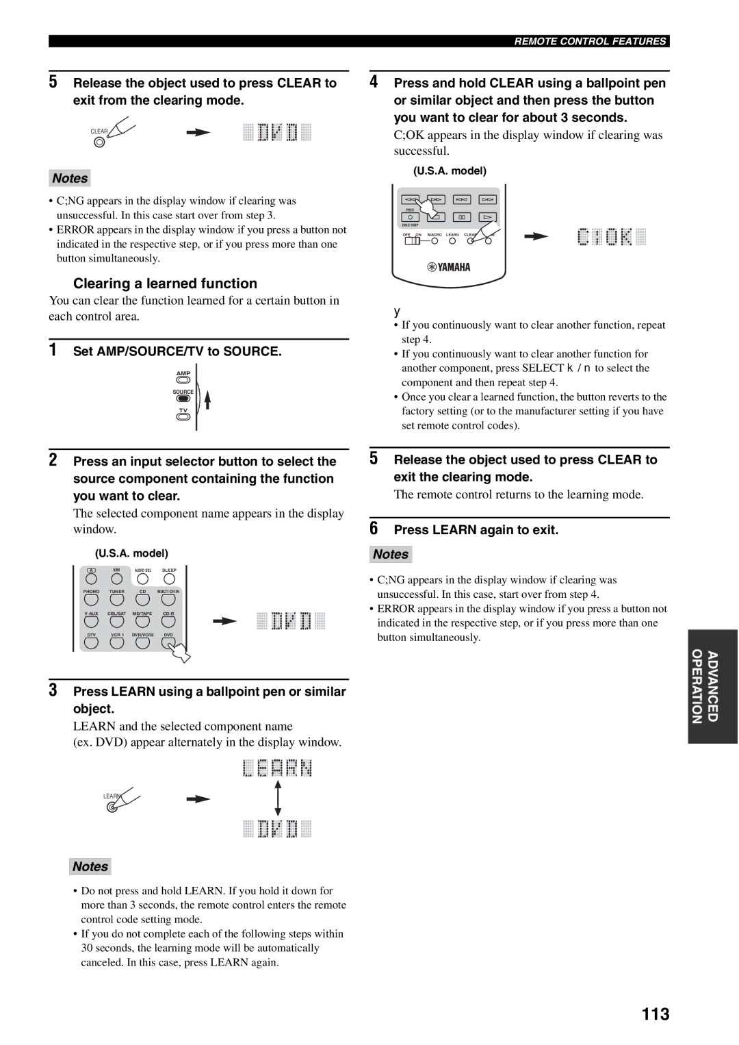 Yamaha X-V2600 113, Clearing a learned function, Remote control returns to the learning mode, Press Learn again to exit 