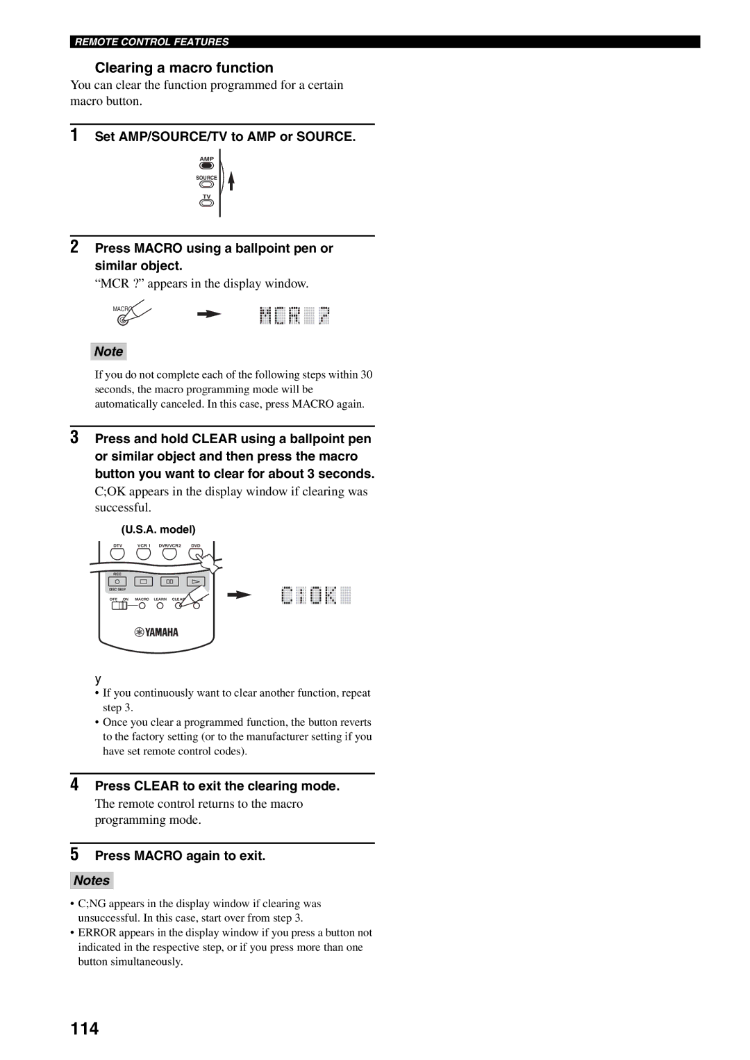 Yamaha X-V2600 114, Clearing a macro function, Press Clear to exit the clearing mode, Press Macro again to exit 