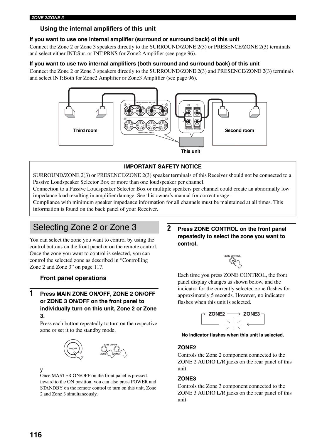 Yamaha X-V2600 Selecting Zone 2 or Zone, 116, Using the internal amplifiers of this unit, Front panel operations 