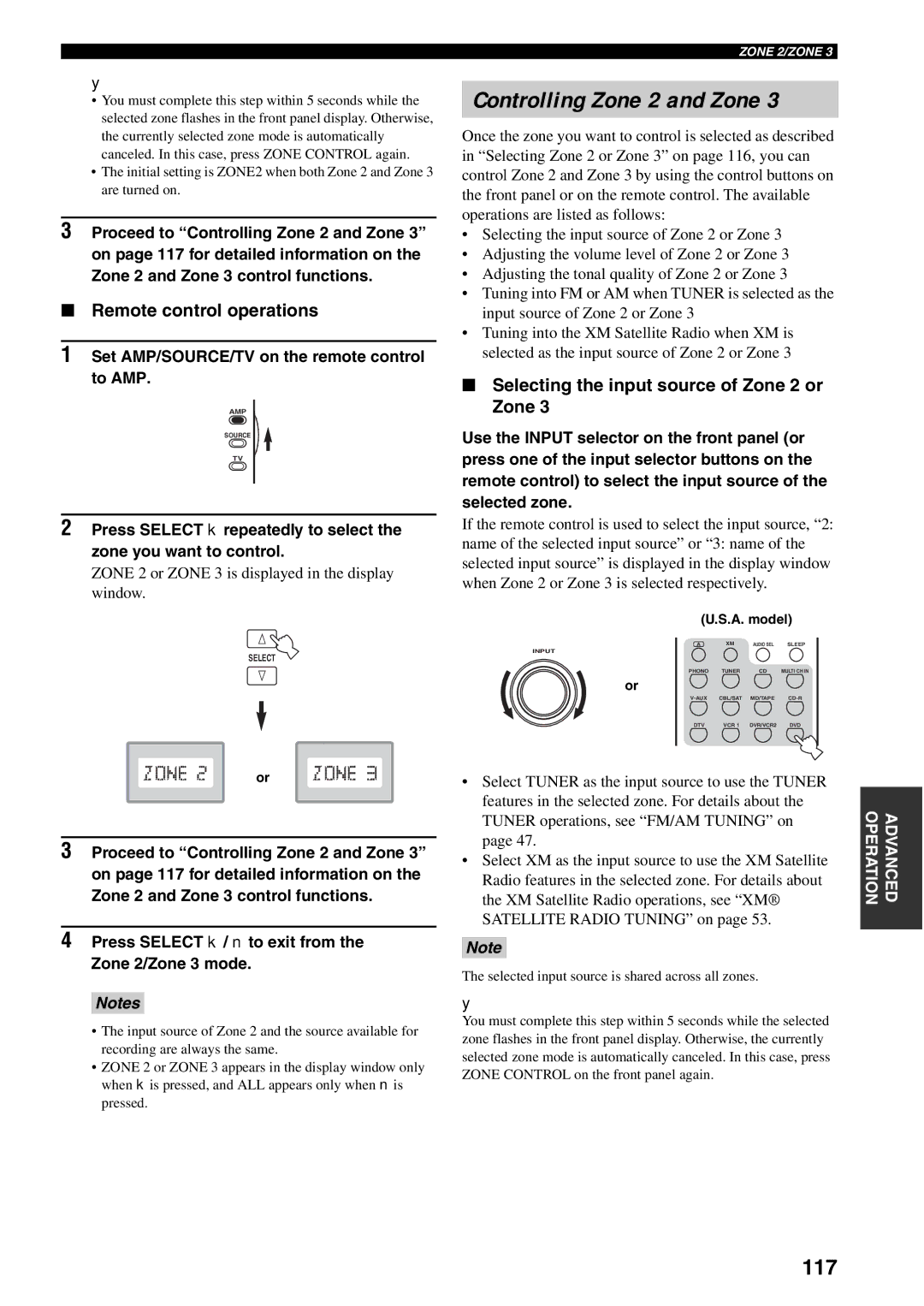 Yamaha X-V2600 Controlling Zone 2 and Zone, 117, Remote control operations, Selecting the input source of Zone 2 or Zone 