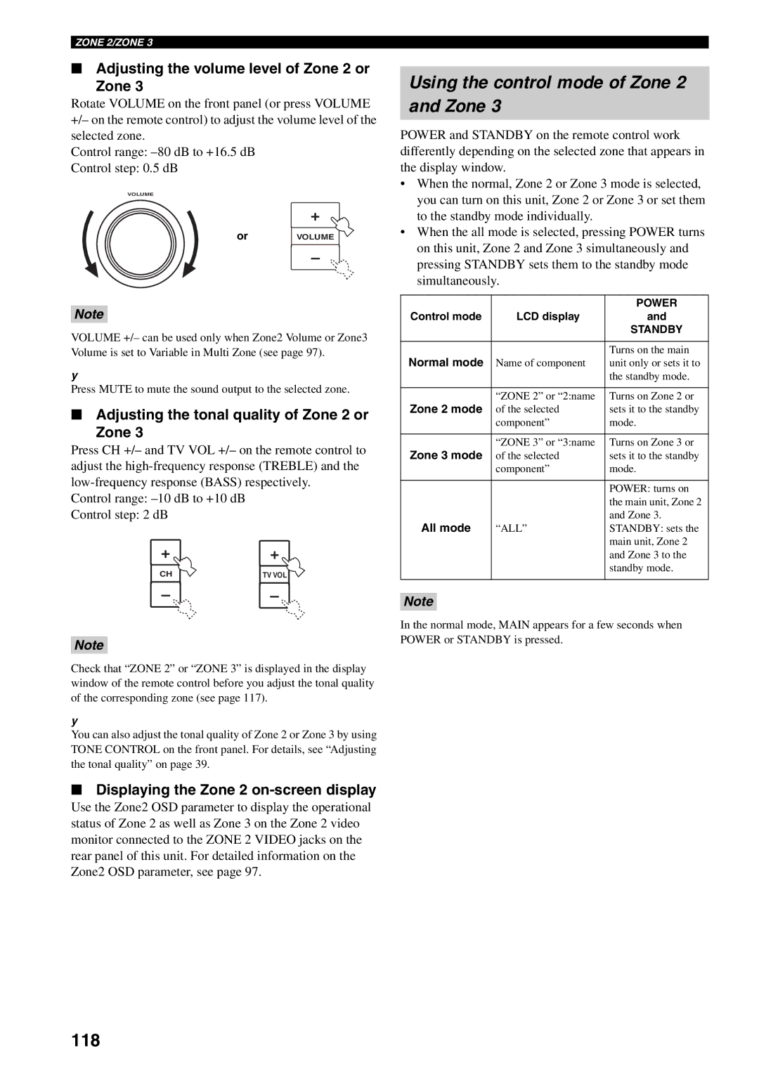 Yamaha X-V2600 owner manual Using the control mode of Zone 2 and Zone, 118, Adjusting the volume level of Zone 2 or 