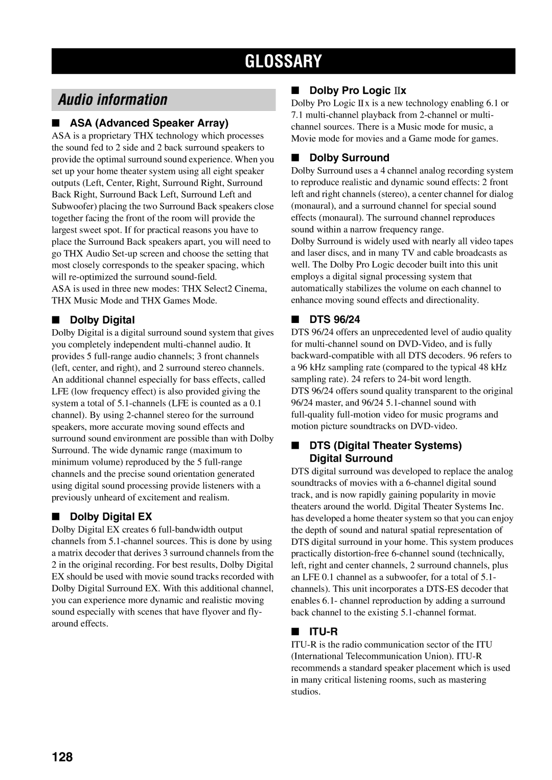 Yamaha X-V2600 owner manual Glossary, Audio information, 128 