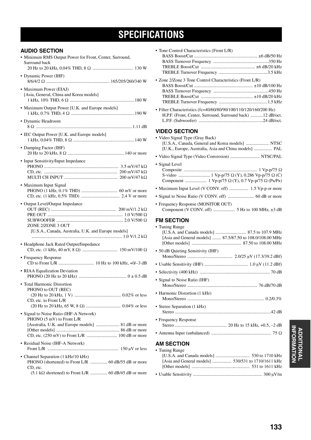 Yamaha X-V2600 owner manual Specifications, 133 