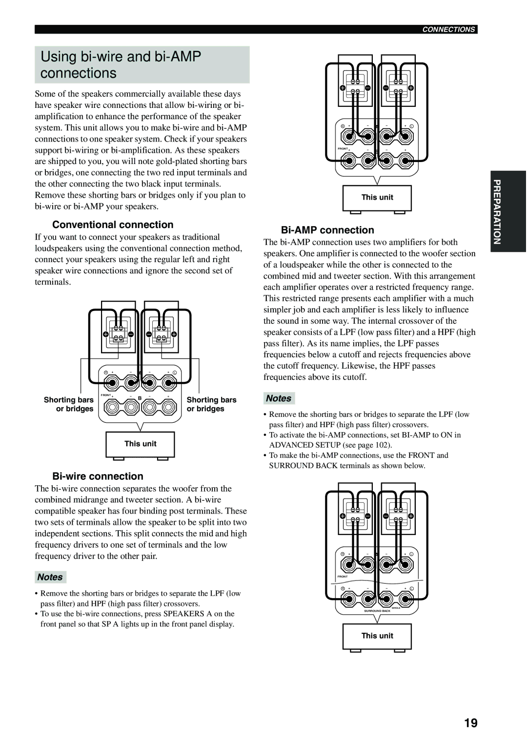 Yamaha X-V2600 Using bi-wire and bi-AMP connections, Conventional connection, Bi-wire connection, Bi-AMP connection 