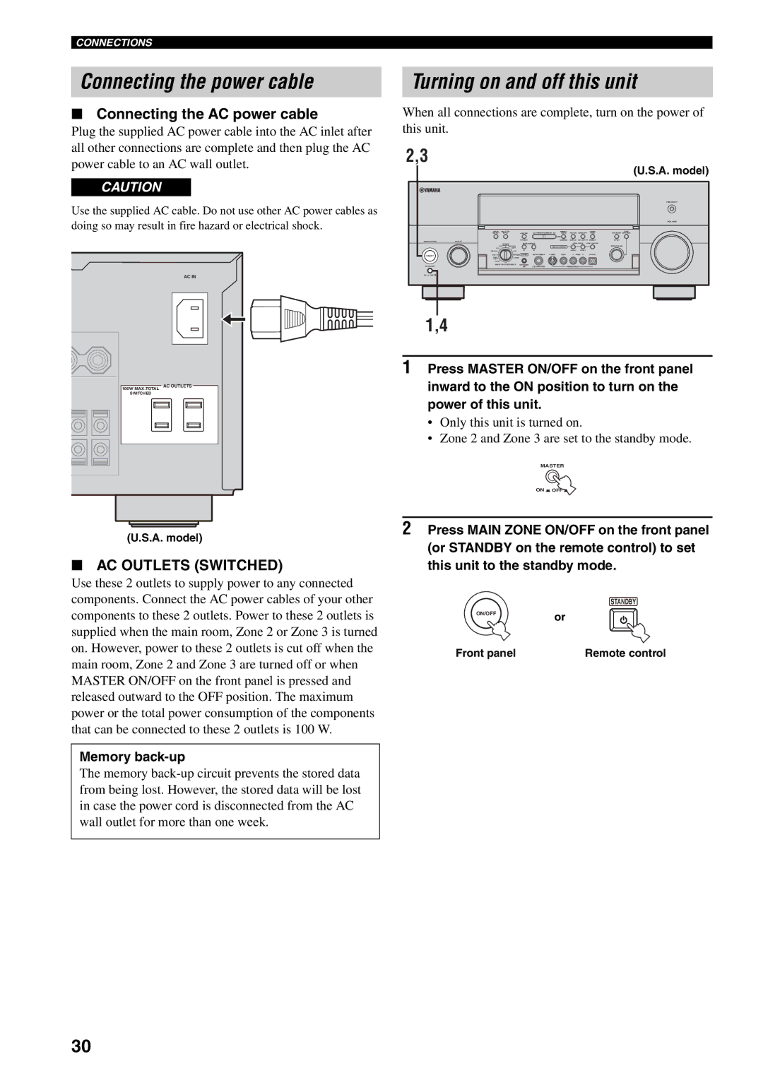 Yamaha X-V2600 Connecting the power cable, Turning on and off this unit, Connecting the AC power cable, Memory back-up 