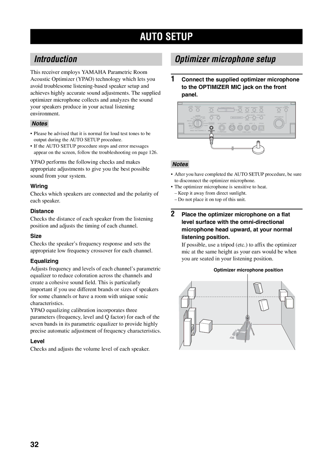 Yamaha X-V2600 owner manual Auto Setup, Introduction, Optimizer microphone setup 