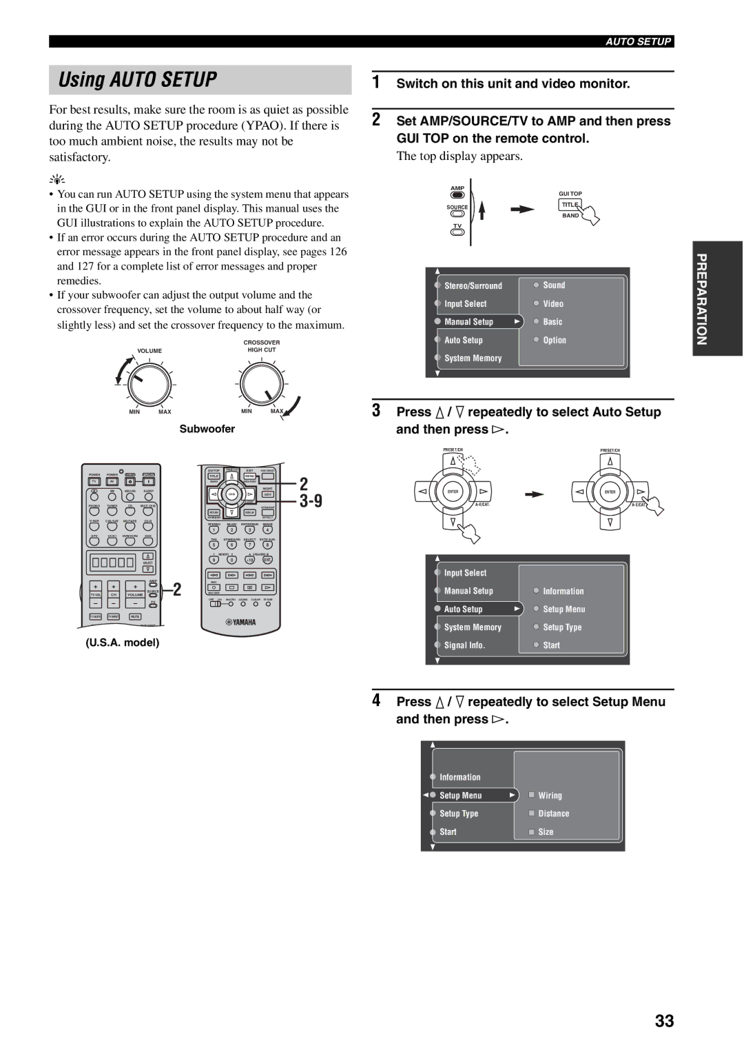 Yamaha X-V2600 owner manual Using Auto Setup, Top display appears, Subwoofer 