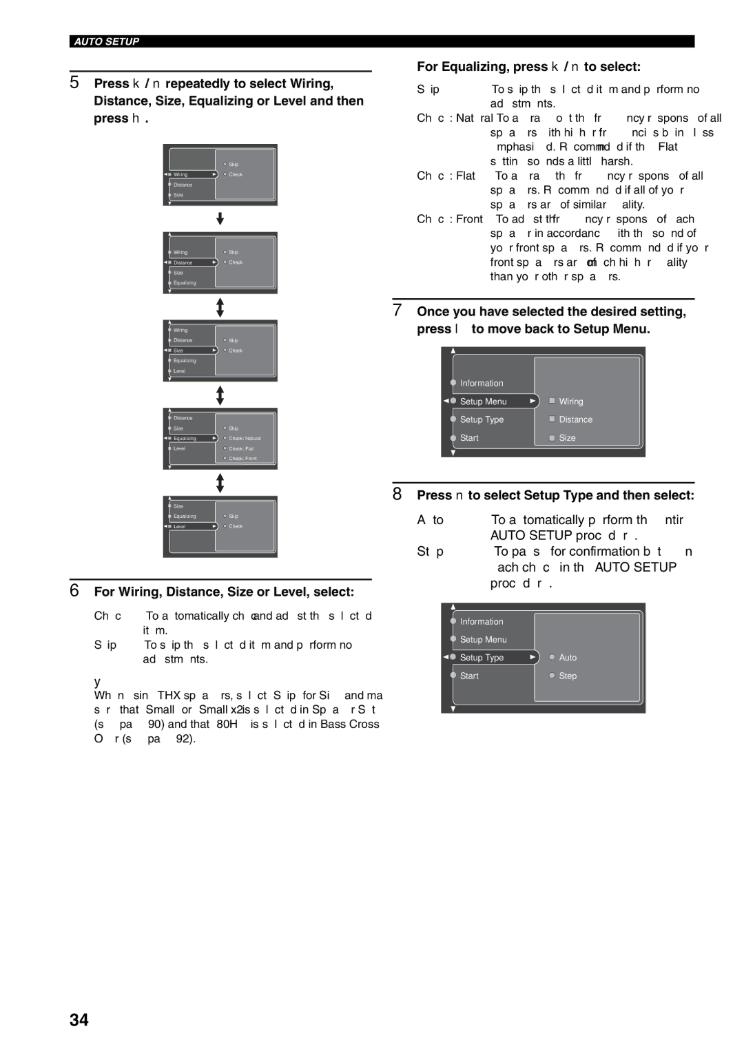 Yamaha X-V2600 owner manual For Equalizing, press k / n to select, For Wiring, Distance, Size or Level, select 