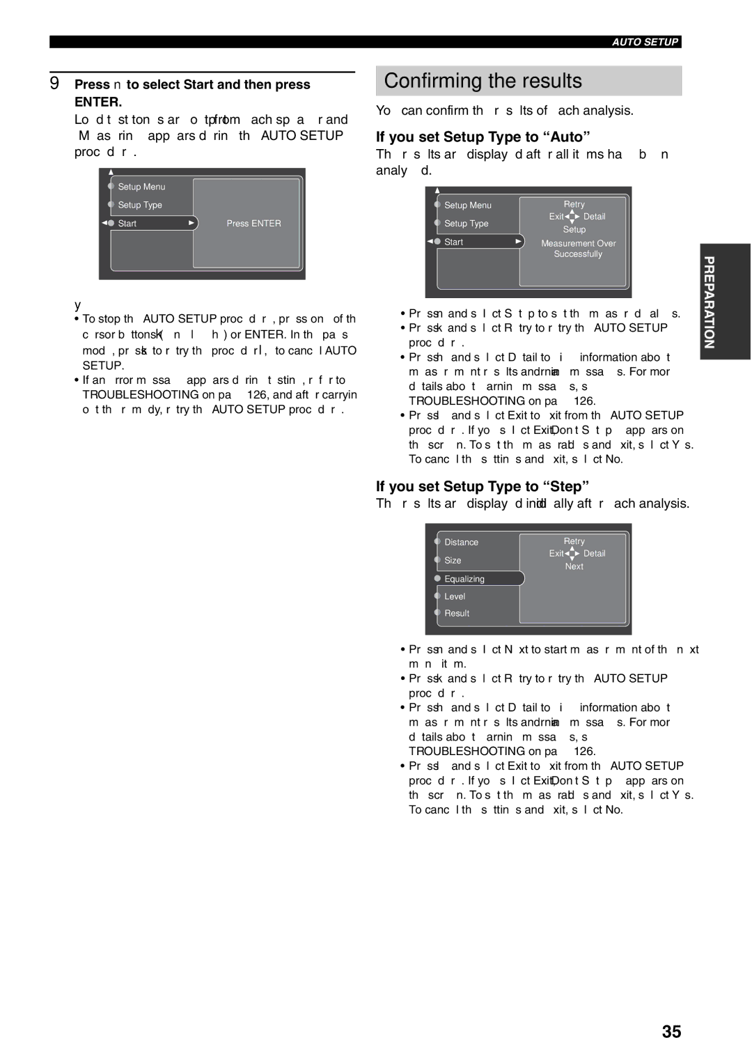 Yamaha X-V2600 owner manual Confirming the results, If you set Setup Type to Auto, If you set Setup Type to Step, Enter 