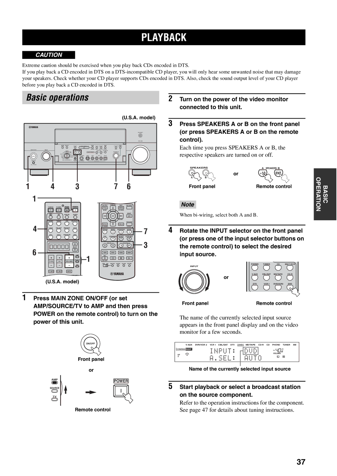 Yamaha X-V2600 owner manual Playback, Basic operations, Name of the currently selected input source 