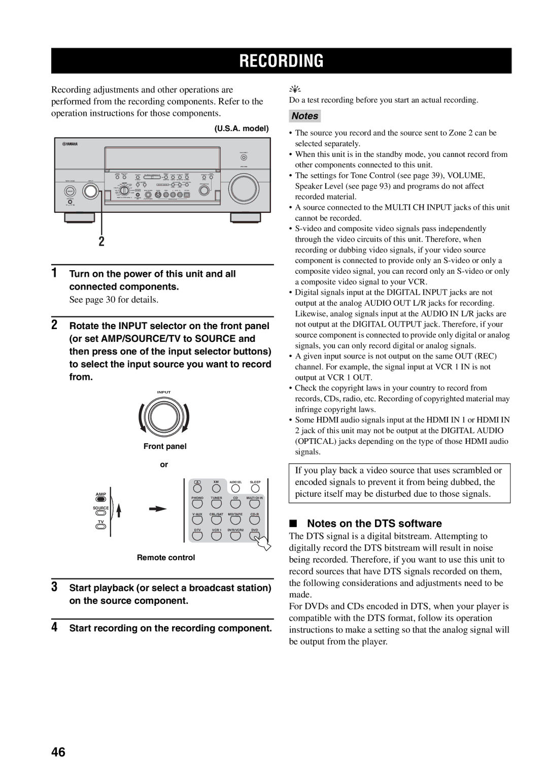 Yamaha X-V2600 owner manual Recording, Turn on the power of this unit and all connected components, See page 30 for details 