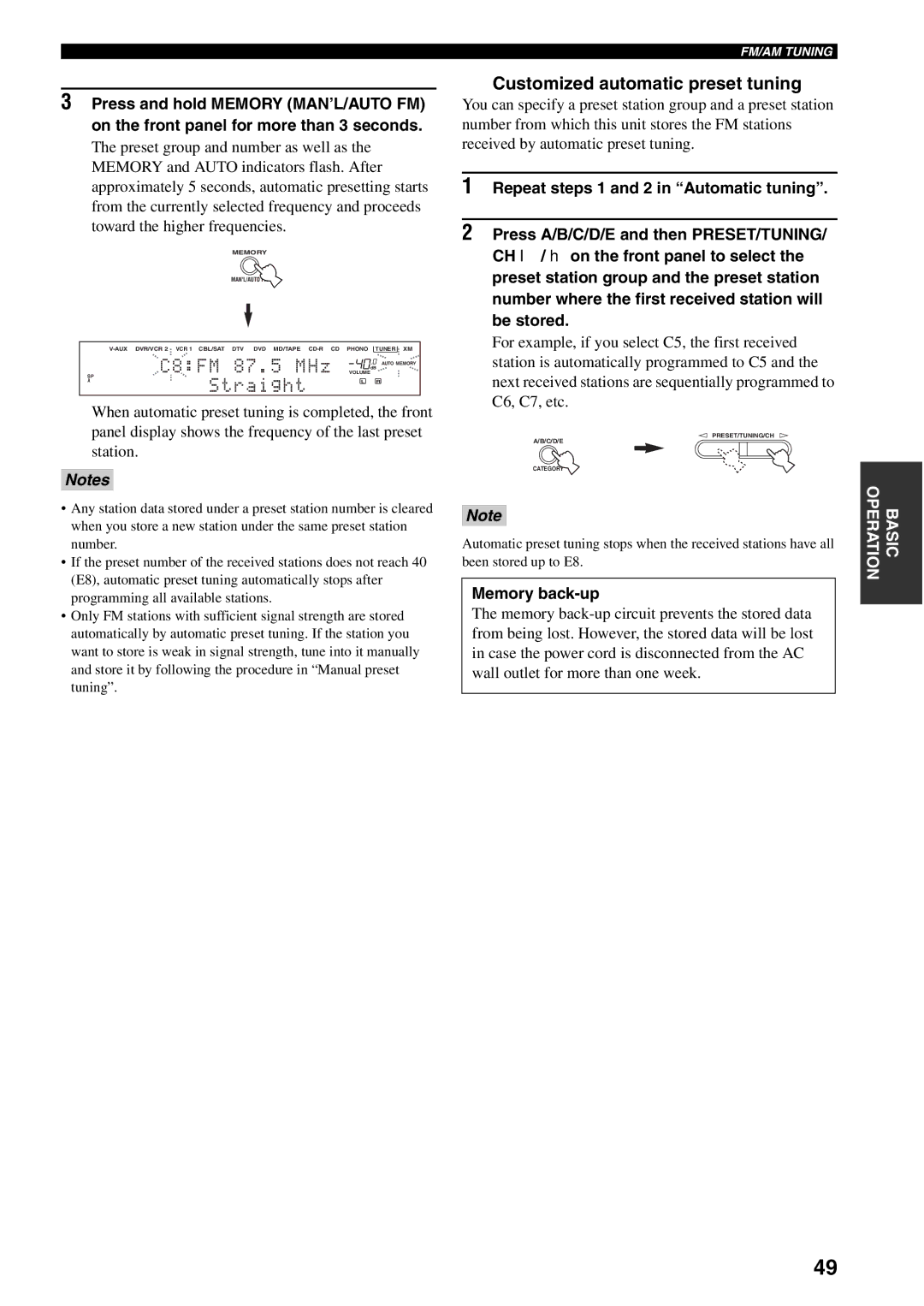 Yamaha X-V2600 owner manual Customized automatic preset tuning, Memory back-up 