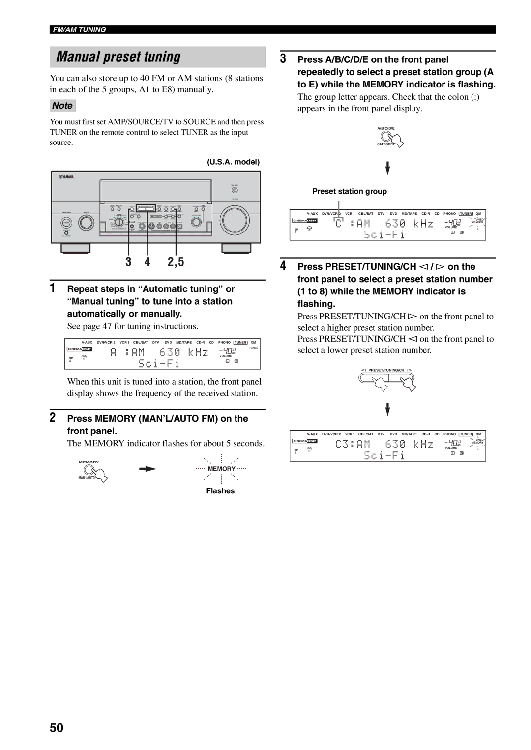 Yamaha X-V2600 Manual preset tuning, See page 47 for tuning instructions, Press Memory MAN’L/AUTO FM on the front panel 