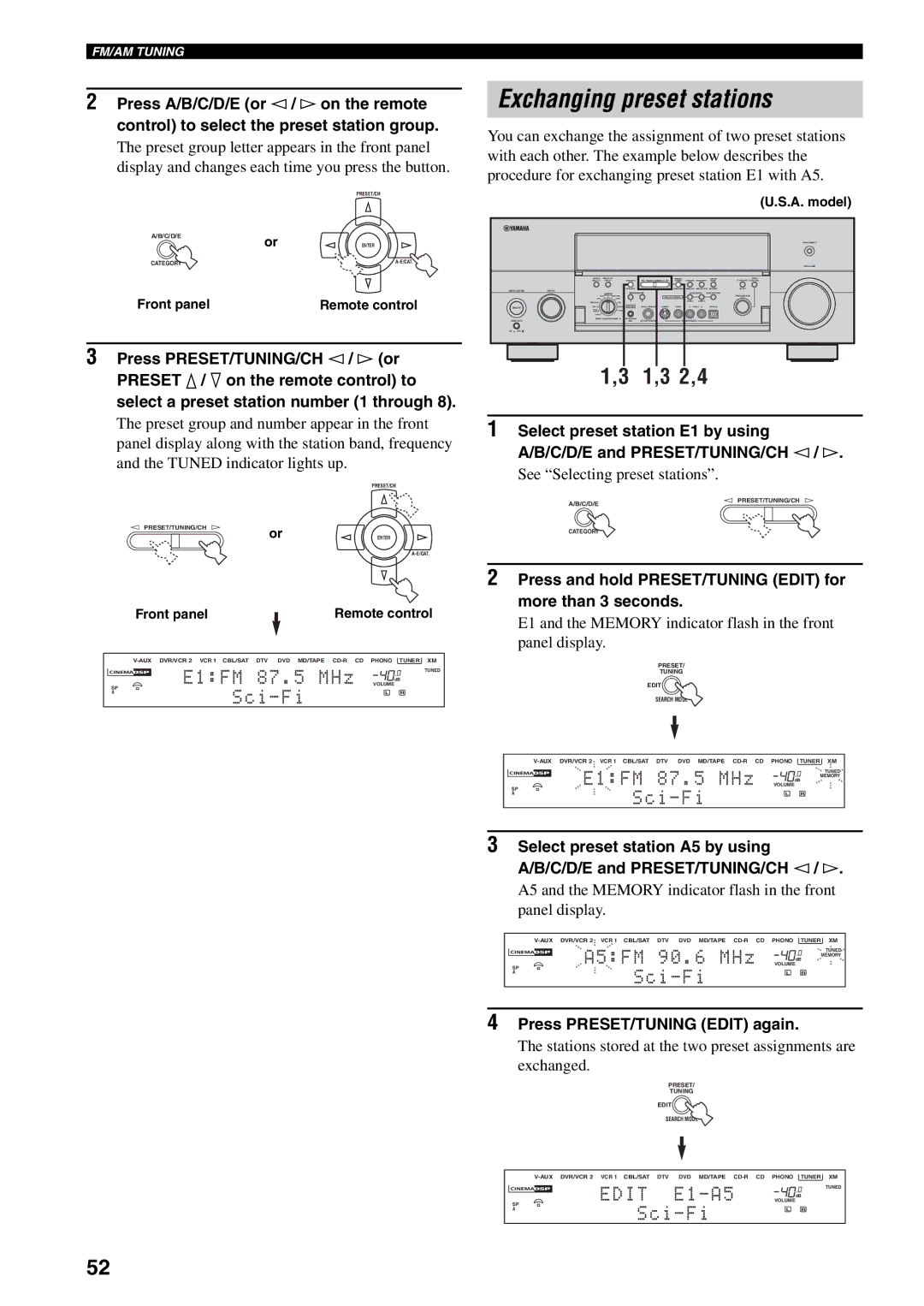 Yamaha X-V2600 owner manual Exchanging preset stations, 2,4, Press and hold PRESET/TUNING Edit for more than 3 seconds 