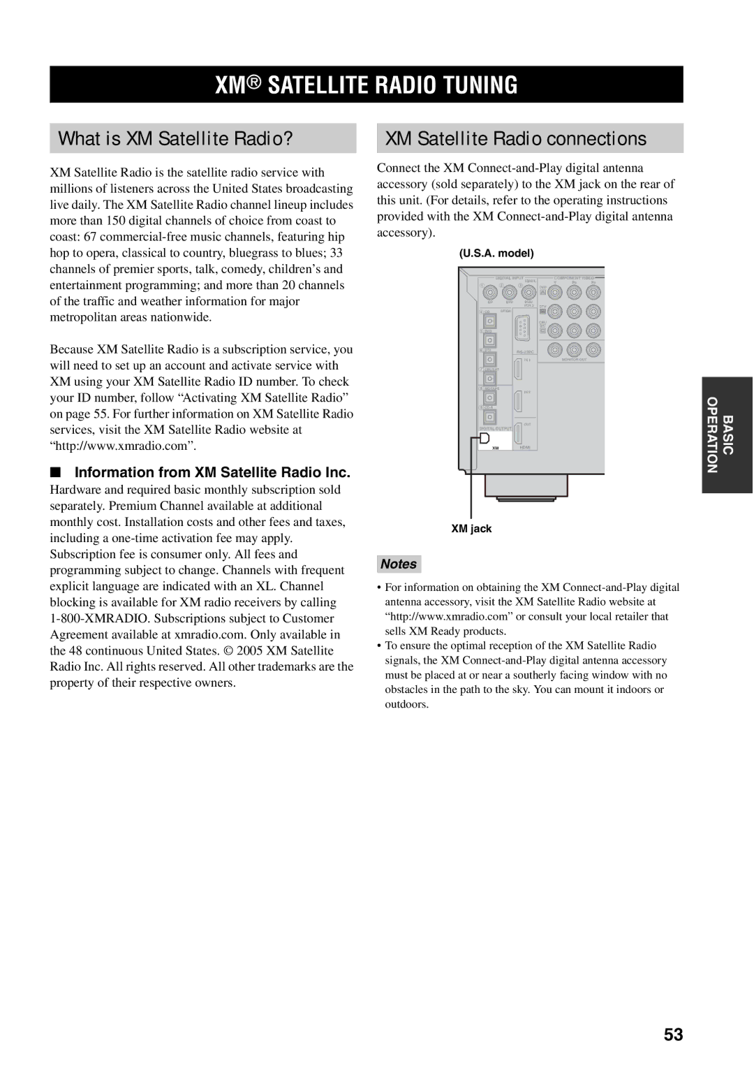 Yamaha X-V2600 owner manual XM Satellite Radio Tuning, What is XM Satellite Radio?, XM Satellite Radio connections, XM jack 