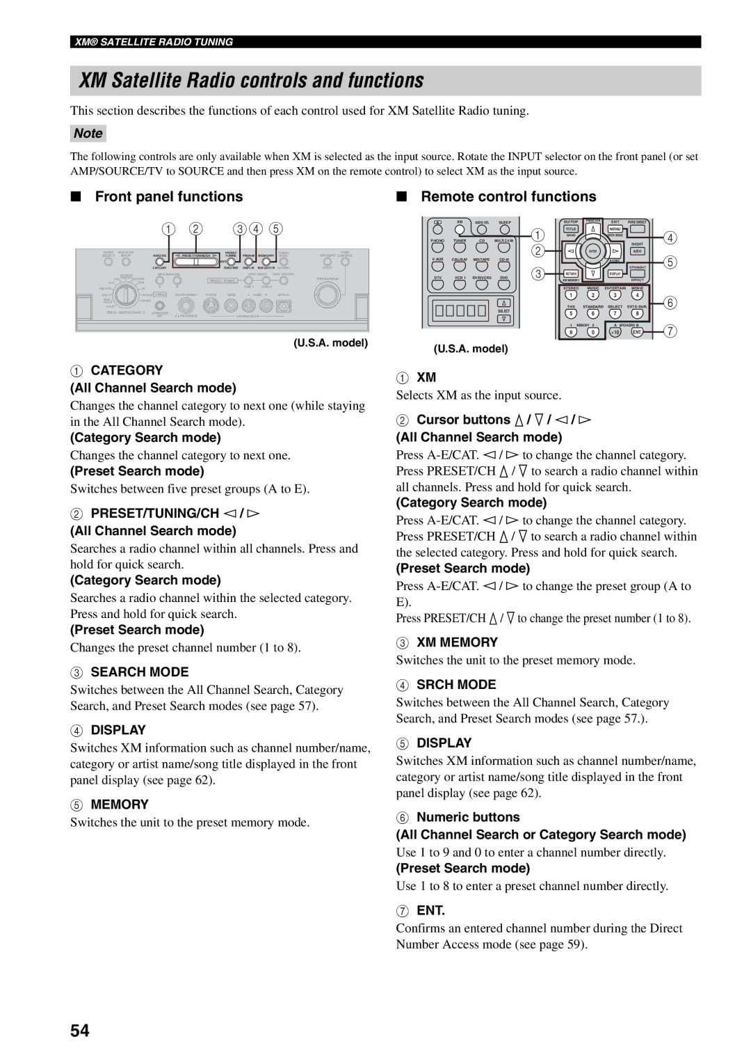 Yamaha X-V2600 owner manual XM Satellite Radio controls and functions, Front panel functions Remote control functions 