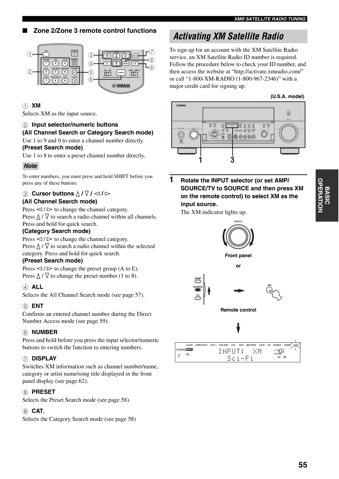 Yamaha X-V2600 owner manual Activating XM Satellite Radio, Zone 2/Zone 3 remote control functions 