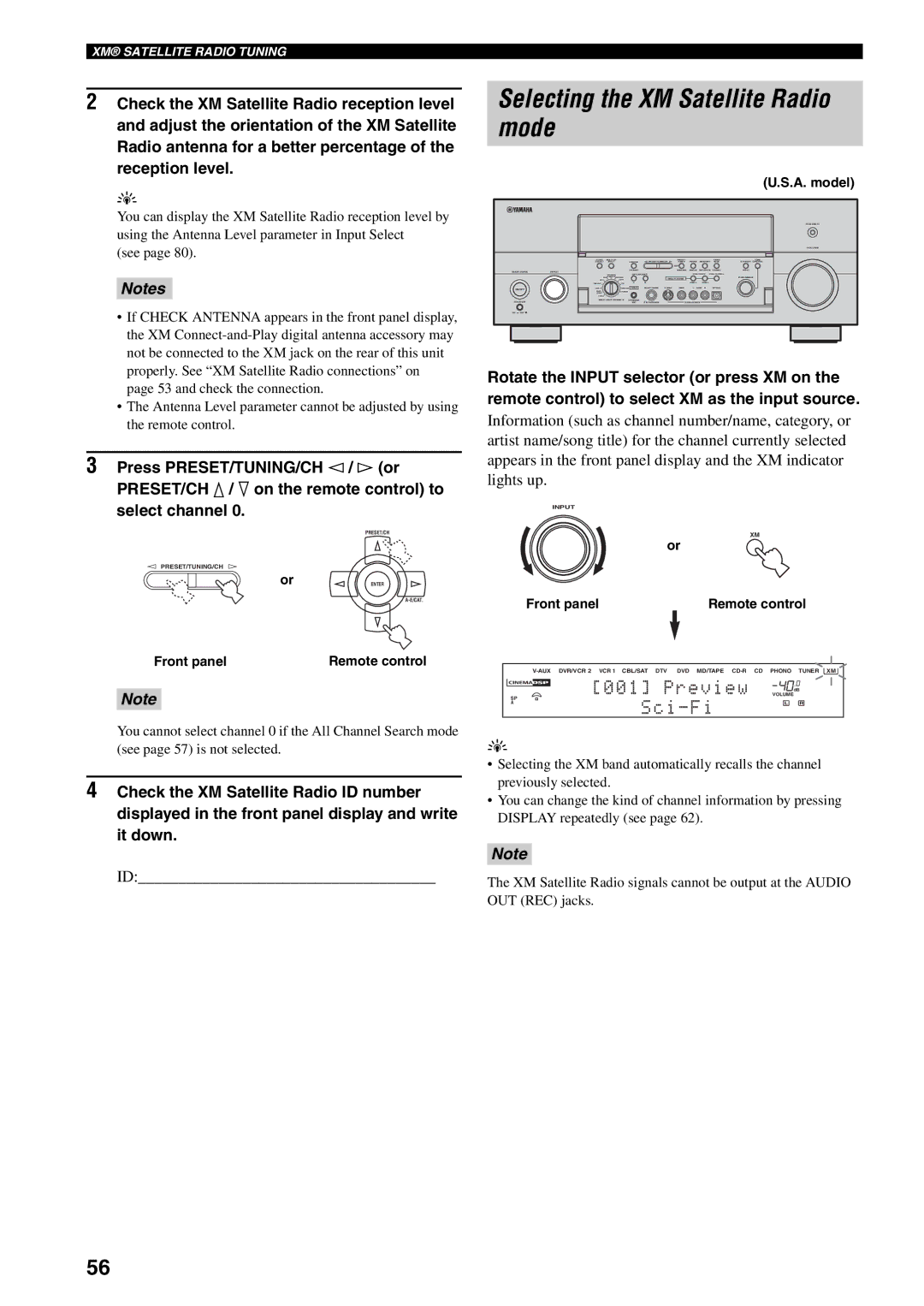 Yamaha X-V2600 owner manual Selecting the XM Satellite Radio mode, See 