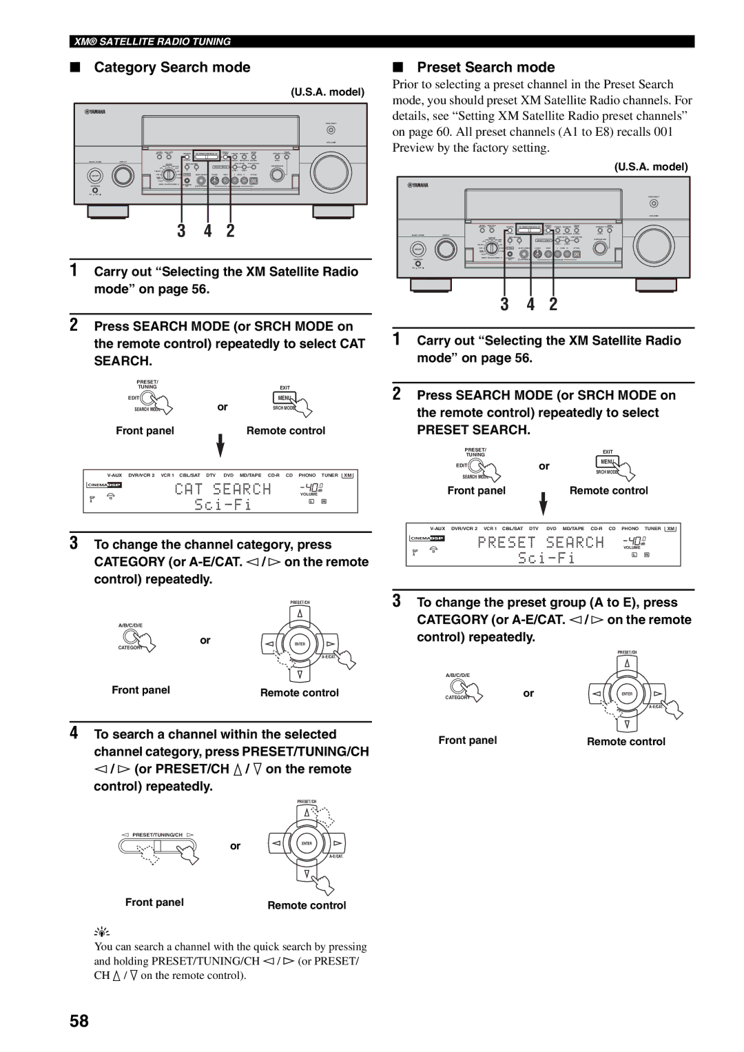 Yamaha X-V2600 owner manual Category Search mode, Preset Search mode 