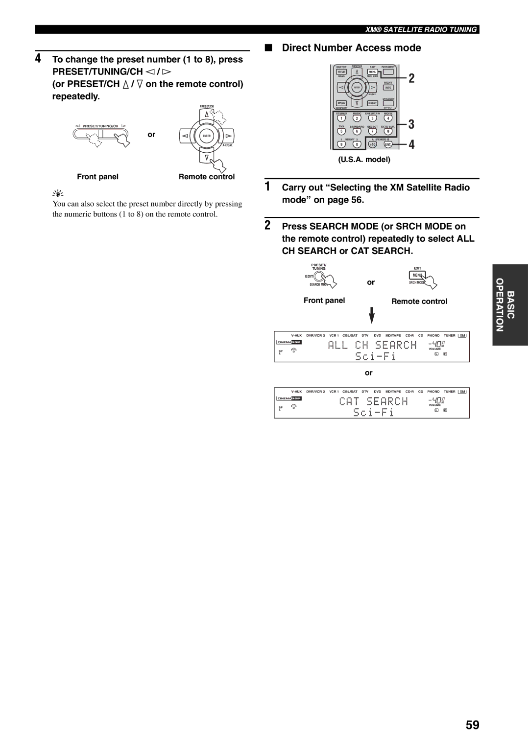 Yamaha X-V2600 owner manual Direct Number Access mode, Front panel Remote control 