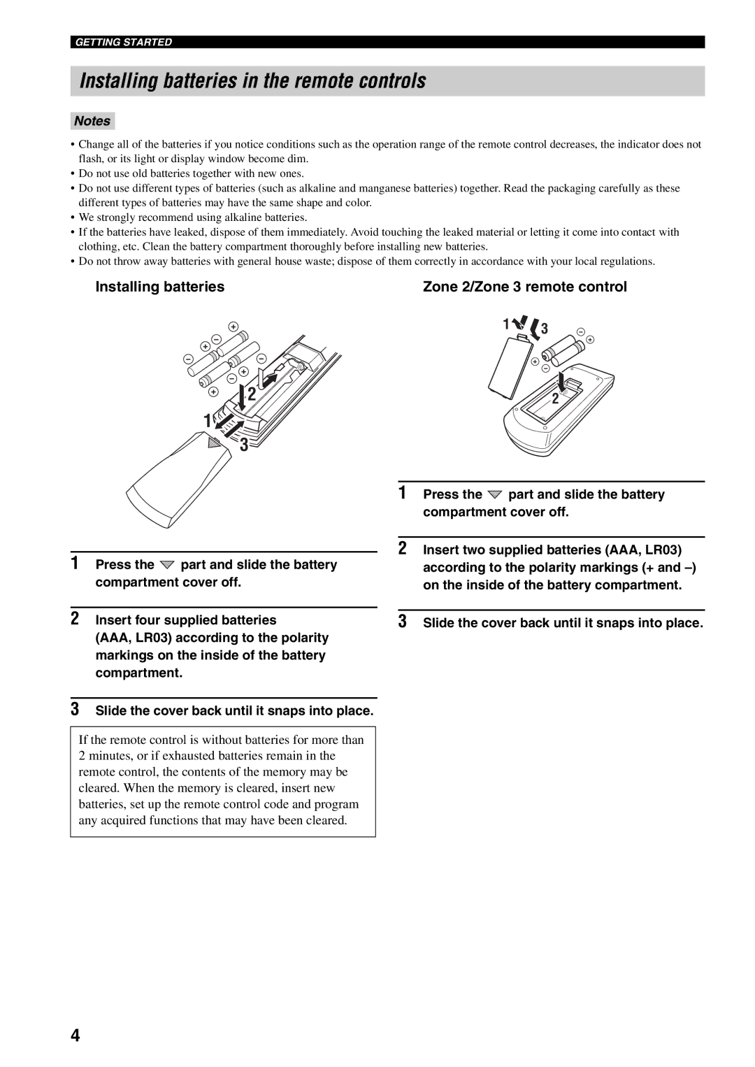 Yamaha X-V2600 owner manual Installing batteries in the remote controls, Installing batteries Zone 2/Zone 3 remote control 