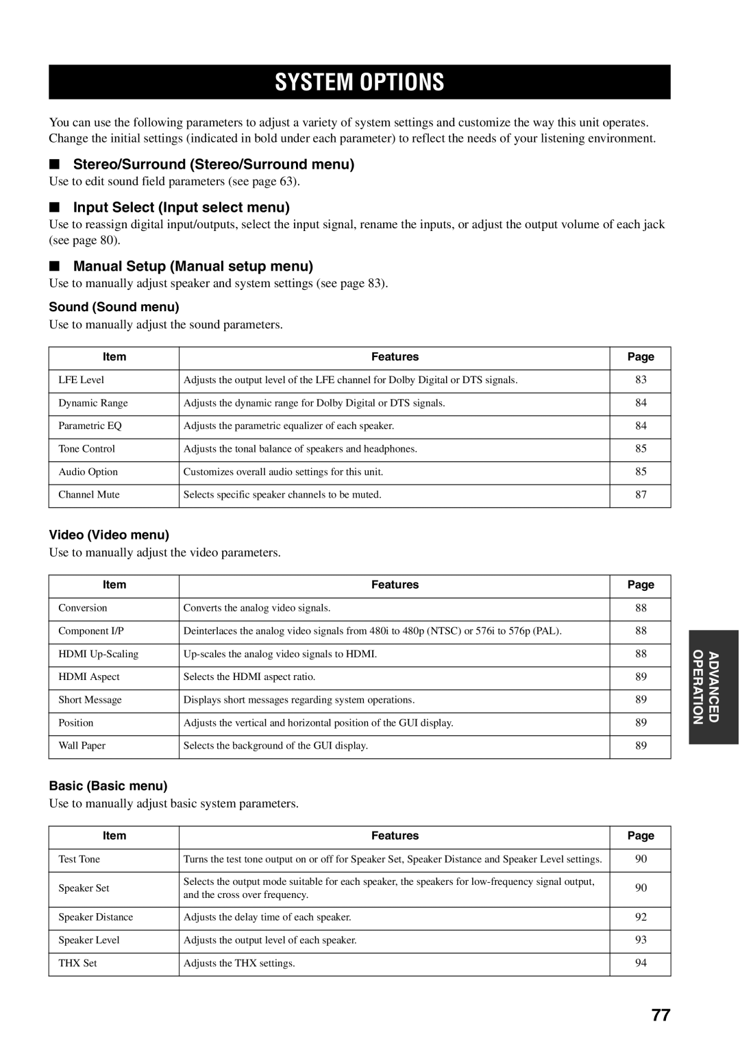 Yamaha X-V2600 owner manual System Options, Stereo/Surround Stereo/Surround menu, Input Select Input select menu 