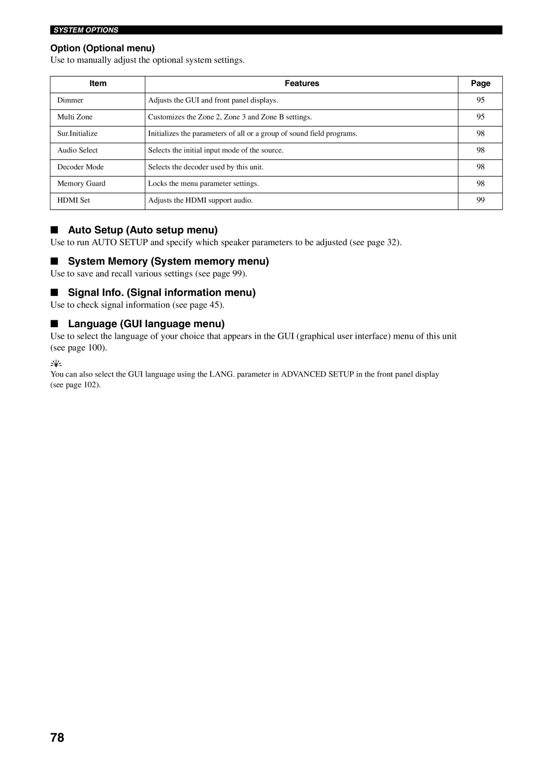 Yamaha X-V2600 Auto Setup Auto setup menu, System Memory System memory menu, Signal Info. Signal information menu 